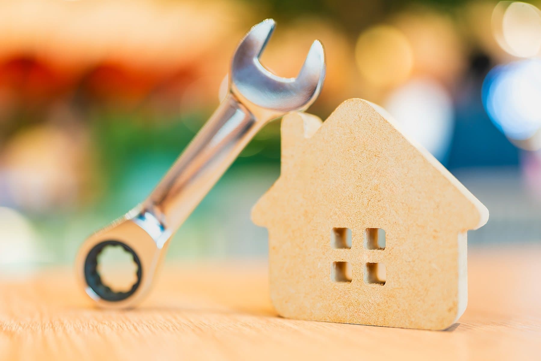 A wrench resting against a wooden house block — property repairs and maintenance